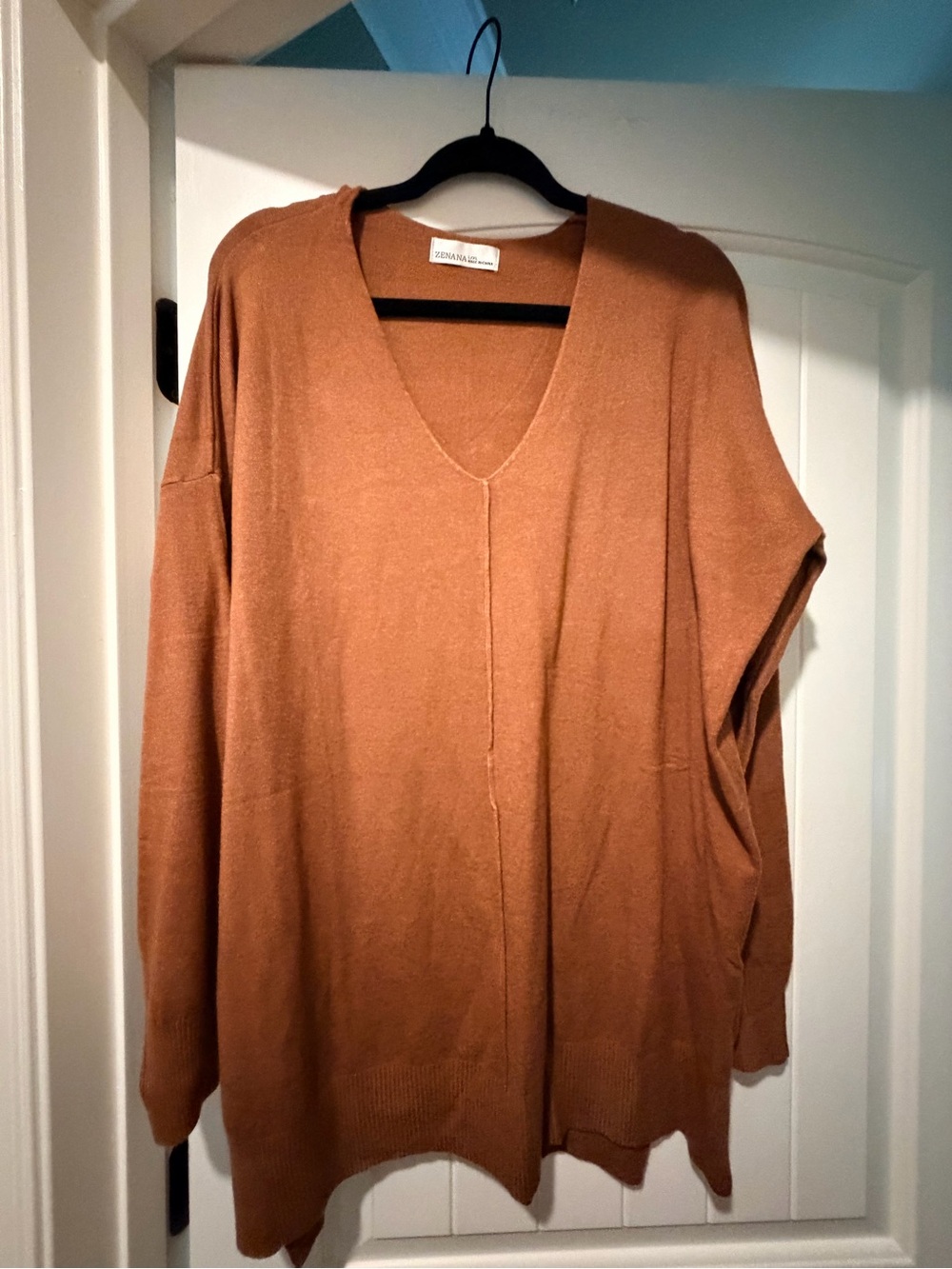 Zenana Outfitters V-Neck Oversized Sweater in Rust Brown